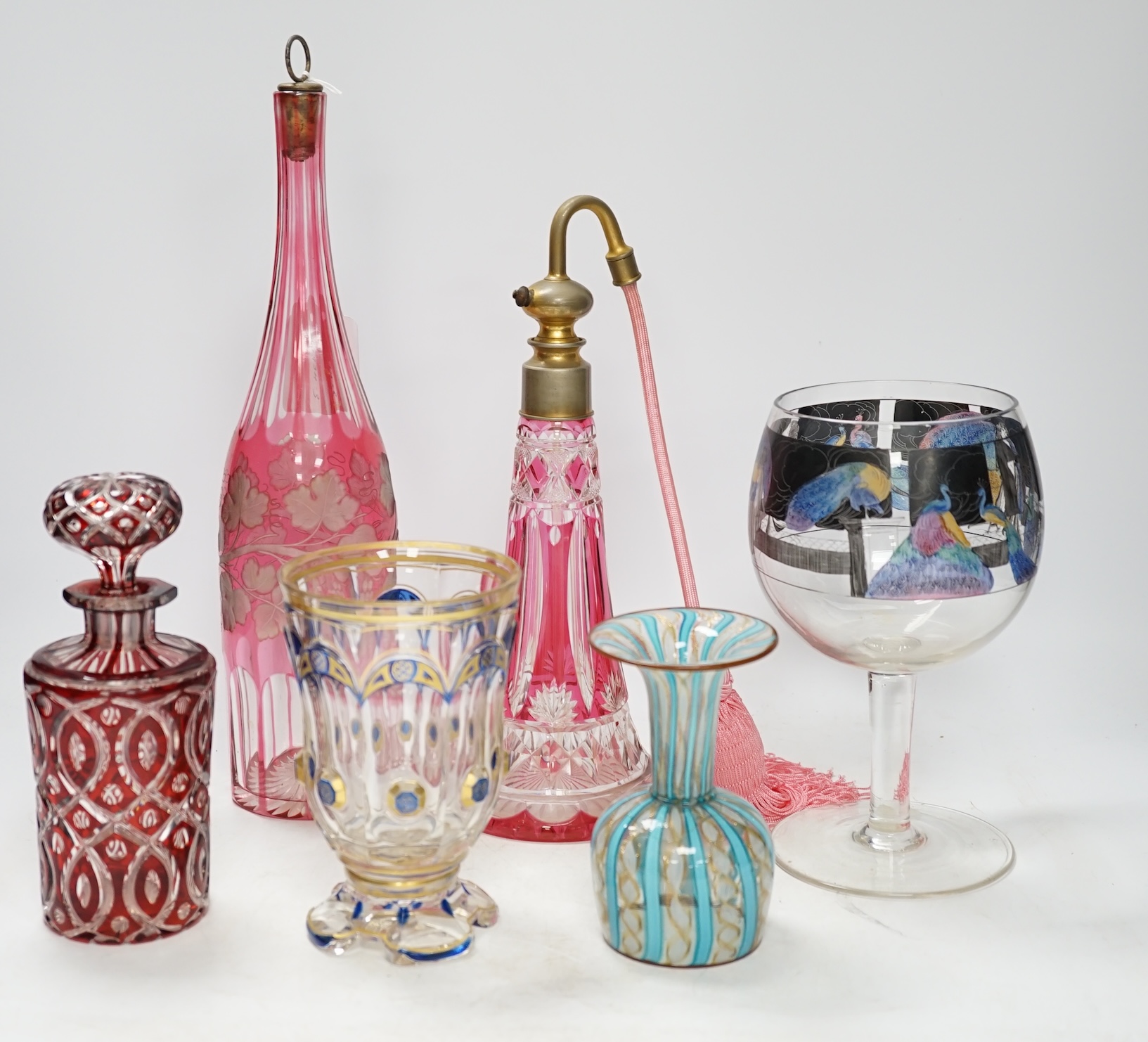 Six pieces of Victorian and later glassware including Italian Vedar cocktail goblet, Bohemian cranberry glass atomiser and art glass vase, tallest 34cm. Condition - poor, fair and good, smallest piece broken and restored